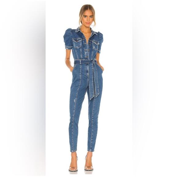 Retrofete Pants - Retrofete Tori Denim Jumpsuit Size Medium Short Puff Sleeve Button Front w Belt